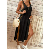 Summer WomenSolid Color Split Sleeveless V-Neck Loose Casual Party Bohemian Dress Holiday Beach Sundress